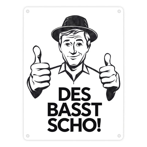 Mann mit Daumen hoch Des basst scho Metallschild in 15x20 cm
