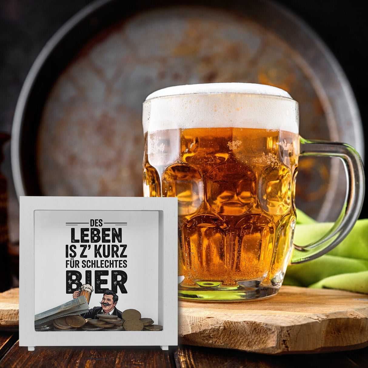Leben zu kurz für schlechtes Bier Spardose Mann mit Bierkrug
