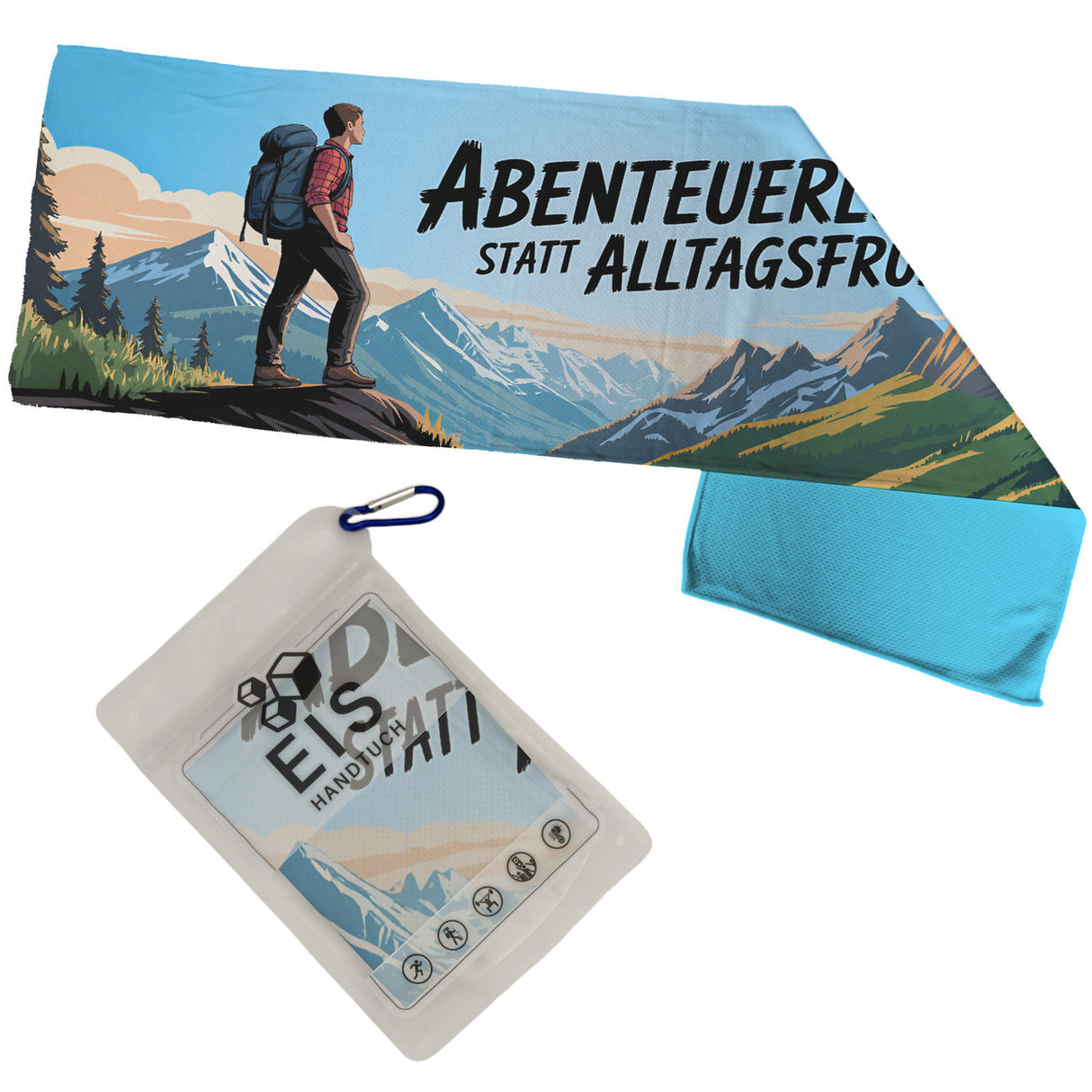 Wanderer mit Berglandschaft Eishandtuch - Abenteuerlust statt Alltagsfrust