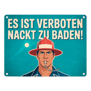 Nackt baden verboten Metallschild in 15x20 cm Mann mit Trillerpfeife