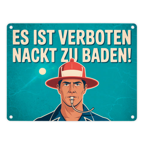 Nackt baden verboten Metallschild in 15x20 cm Mann mit Trillerpfeife