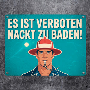 Nackt baden verboten Metallschild in 15x20 cm Mann mit Trillerpfeife