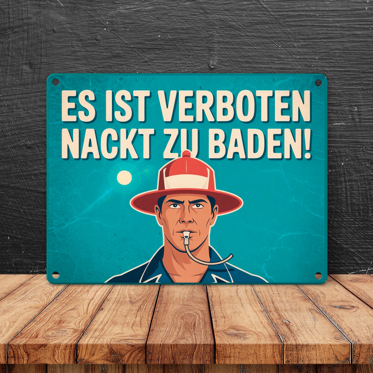 Nackt baden verboten Metallschild in 15x20 cm Mann mit Trillerpfeife