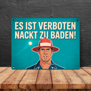 Nackt baden verboten Metallschild in 15x20 cm Mann mit Trillerpfeife
