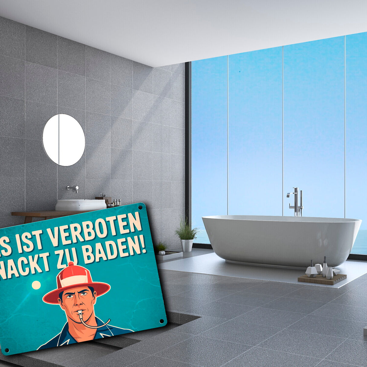 Nackt baden verboten Metallschild in 15x20 cm Mann mit Trillerpfeife
