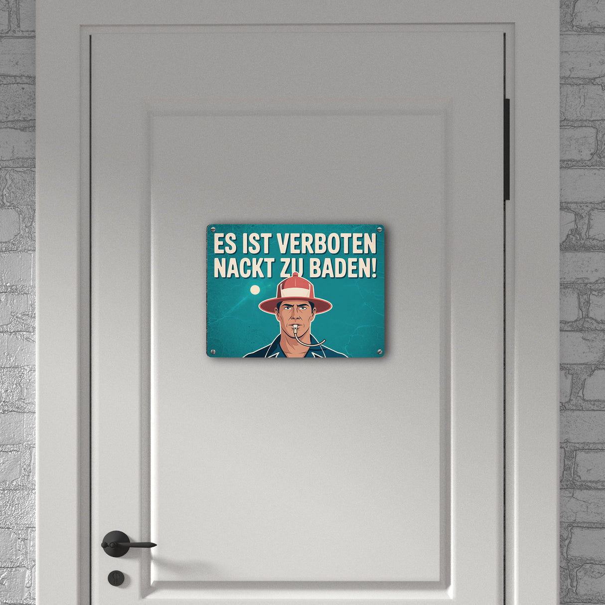 Nackt baden verboten Metallschild in 15x20 cm Mann mit Trillerpfeife