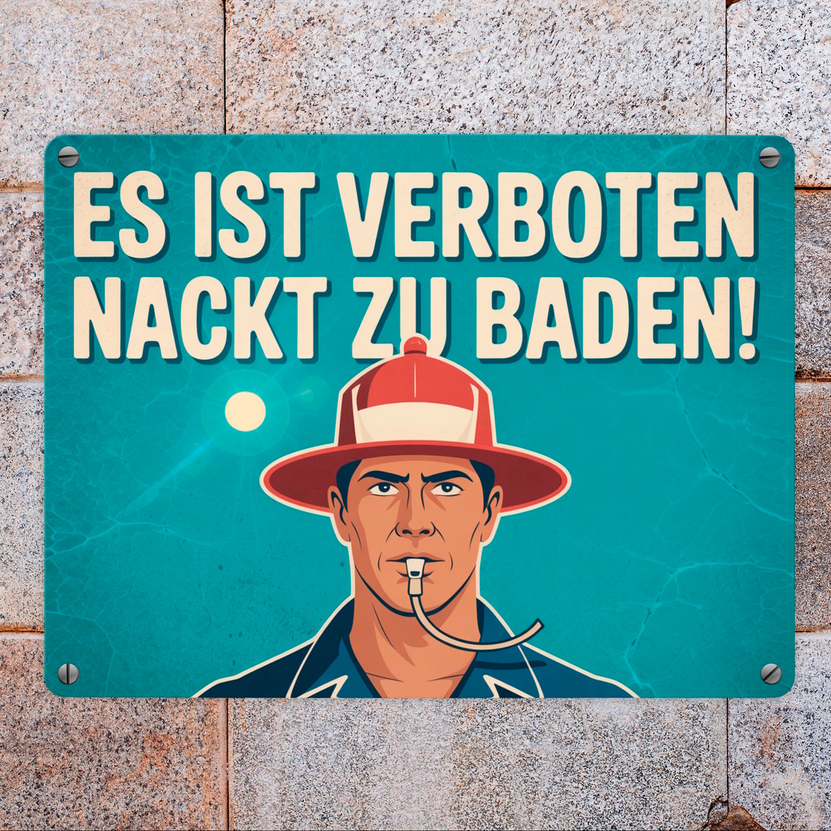 Nackt baden verboten Metallschild in 15x20 cm Mann mit Trillerpfeife
