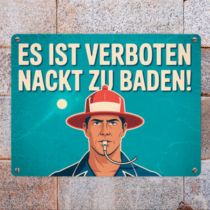Nackt baden verboten Metallschild in 15x20 cm Mann mit Trillerpfeife
