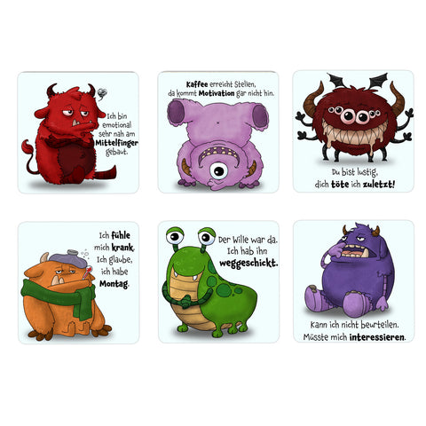 Comic-Monster freche Sprüche 6er Set Untersetzer aus Holz