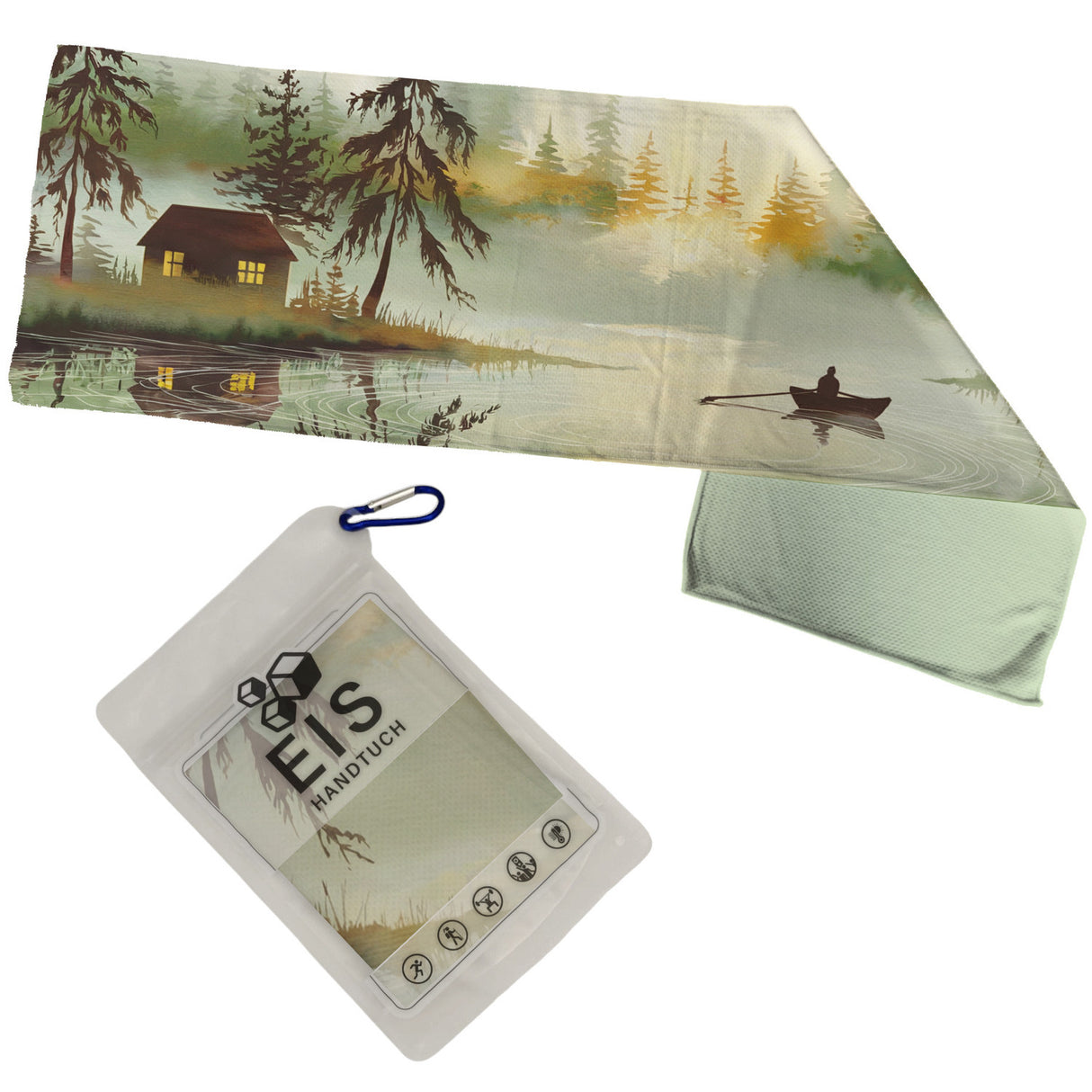 Nebelige Seeszene Eishandtuch mit Holzhütte und Boot