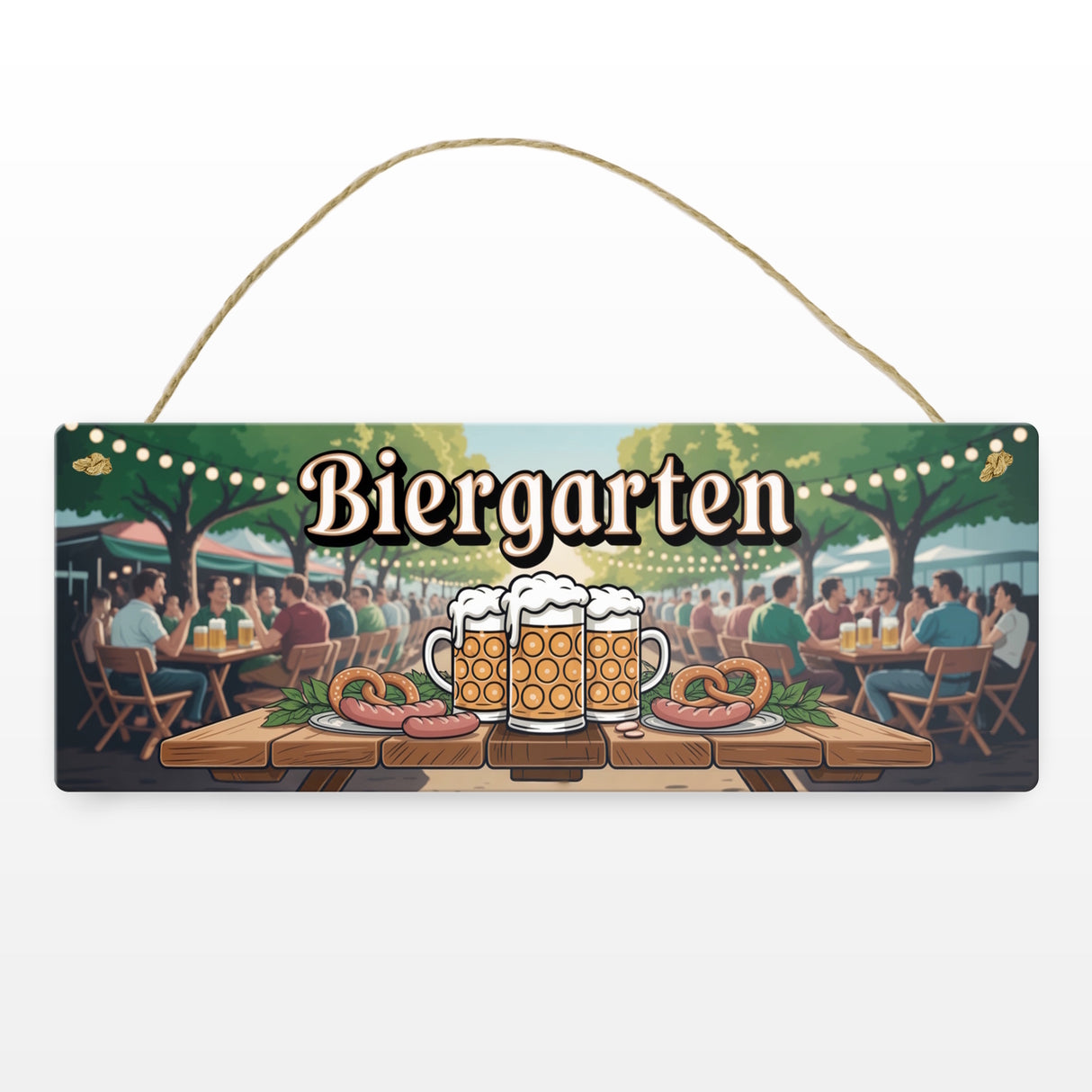Biergarten Szene Metallschild Brezeln und Bierkrug