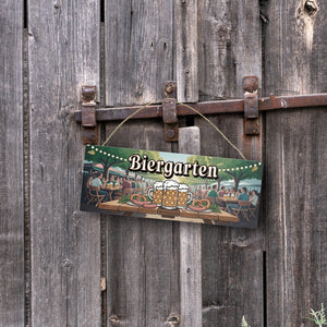 Biergarten Szene Metallschild Brezeln und Bierkrug