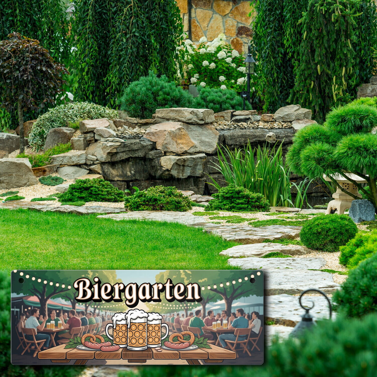 Biergarten Szene Metallschild Brezeln und Bierkrug