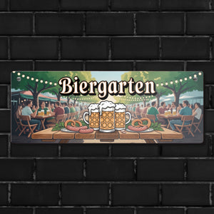 Biergarten Szene Metallschild Brezeln und Bierkrug
