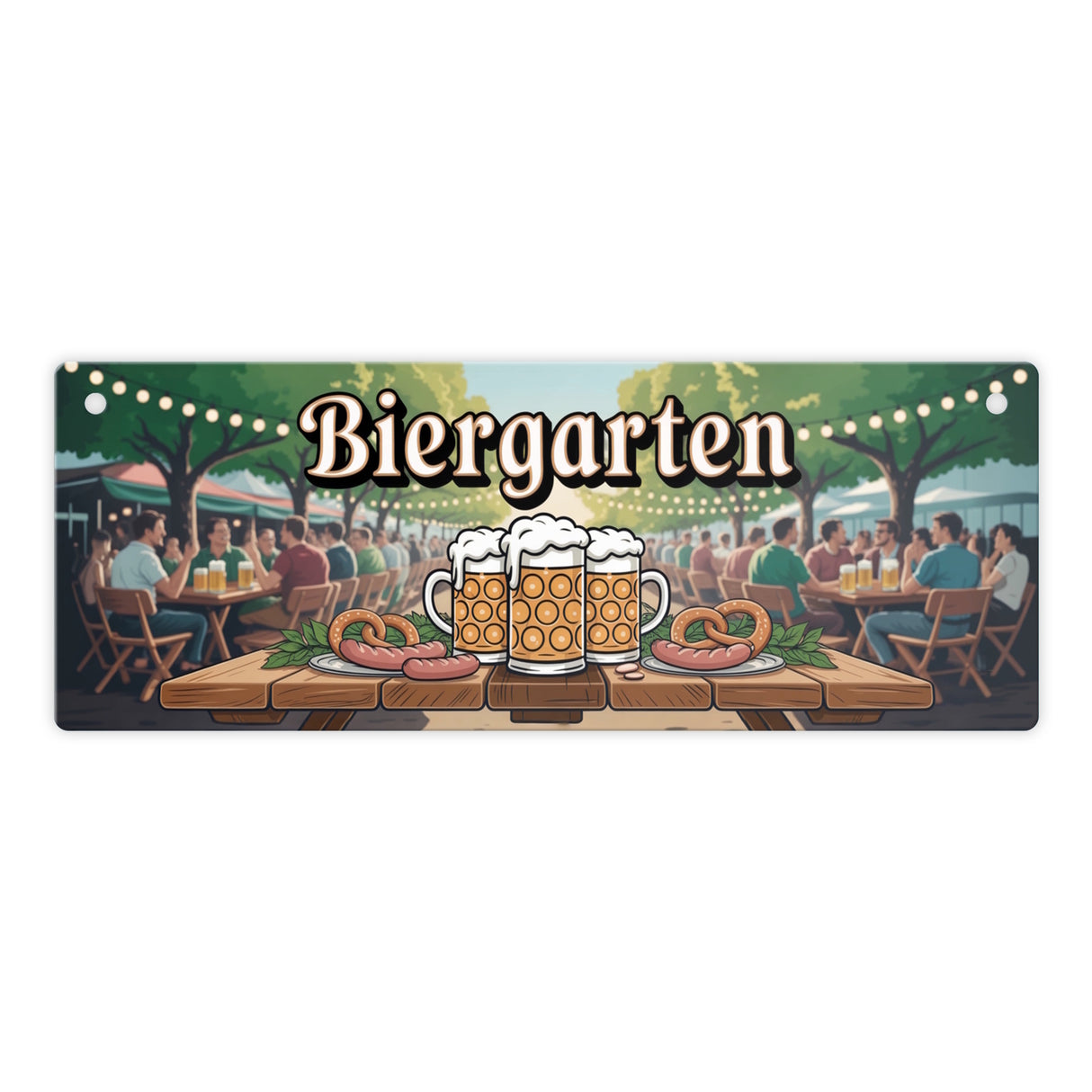 Biergarten Szene Metallschild Brezeln und Bierkrug