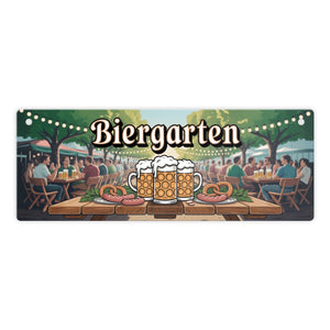 Biergarten Szene Metallschild Brezeln und Bierkrug