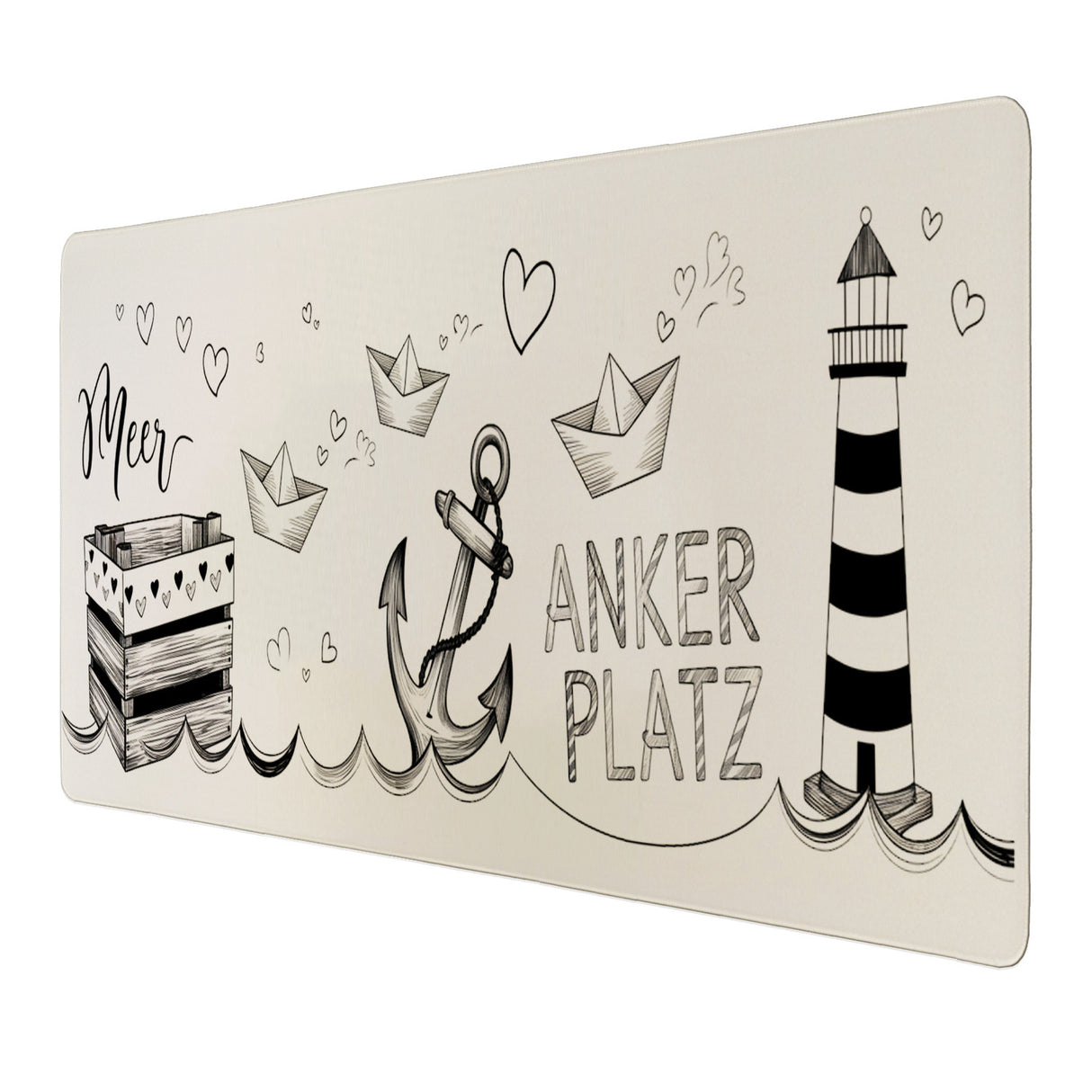 Maritim ANKER PLATZ Schreibtischunterlage 69x31cm XXL Mauspad mit Herzmotiven