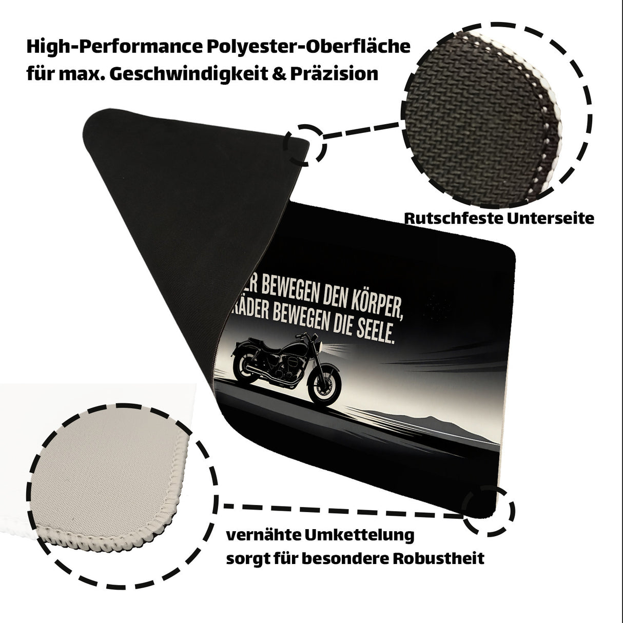 Biker-Motiv Schreibtischunterlage 69x31cm XXL Mauspad mit Spruch für Motorradfans