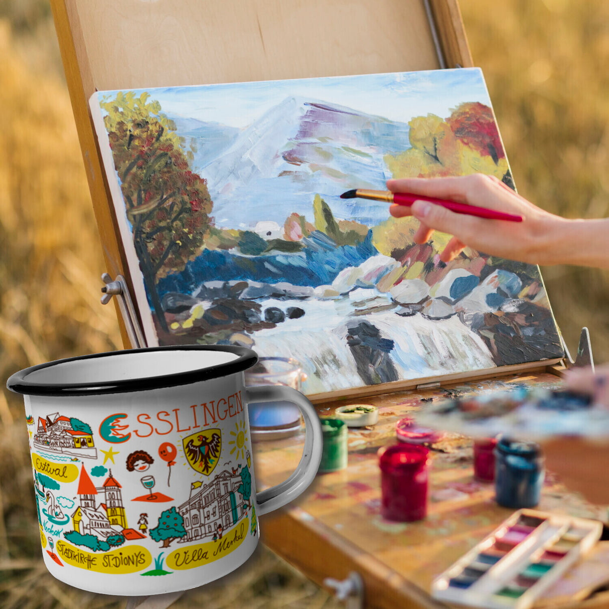 Esslingen Wimmelbild Emaille Tasse