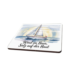 Segelboot 6er Set Untersetzer aus Holz - Wind im Haar, Salz auf der Haut