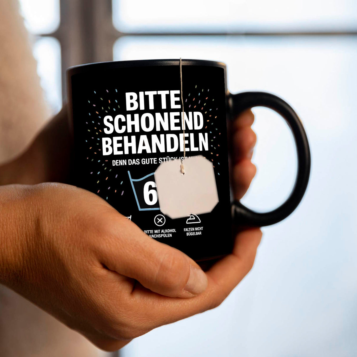 Wäschepflegeetikett Kaffeebecher bitte schonend behandeln wird 60
