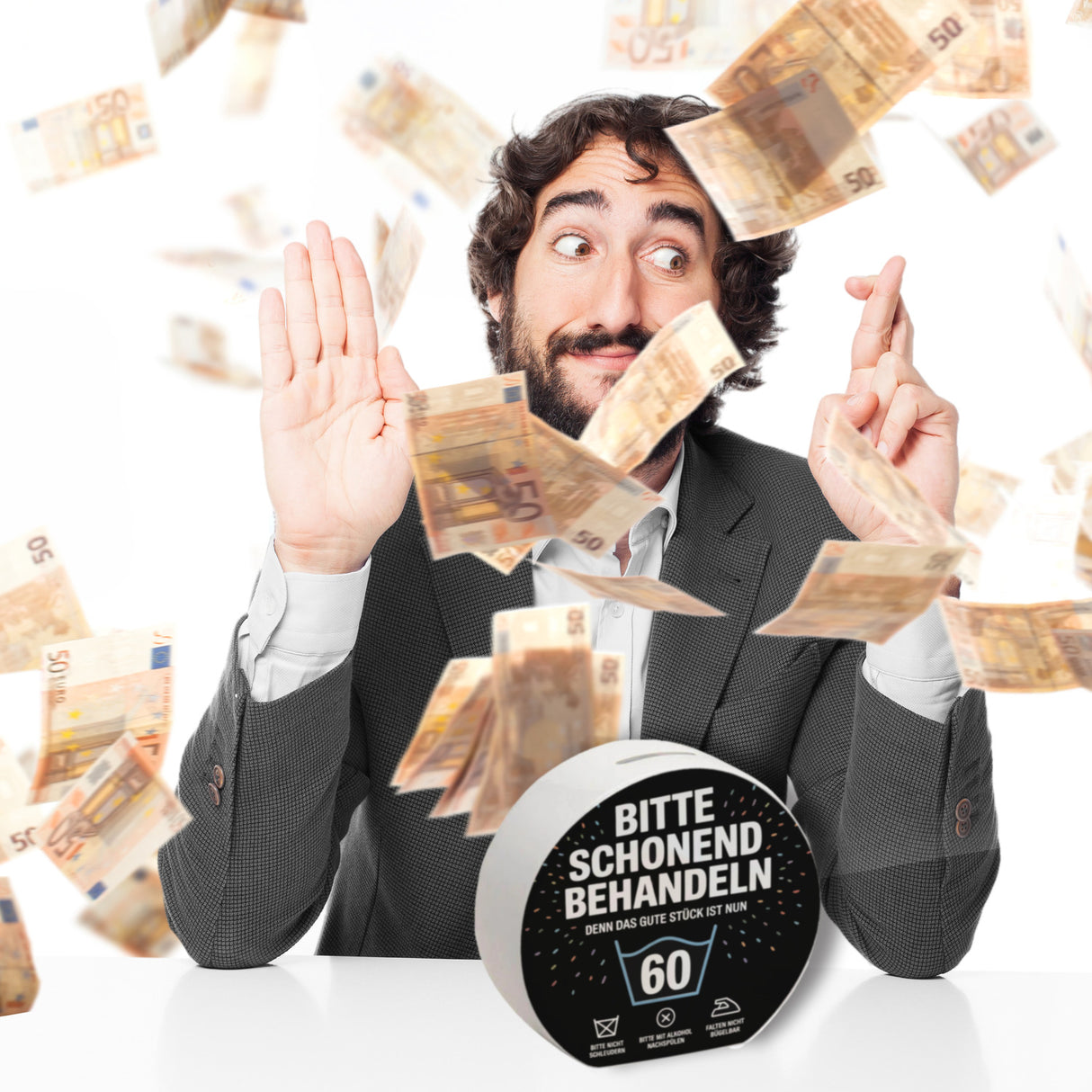 Wäschepflegeetikett Spardose bitte schonend behandeln wird 60