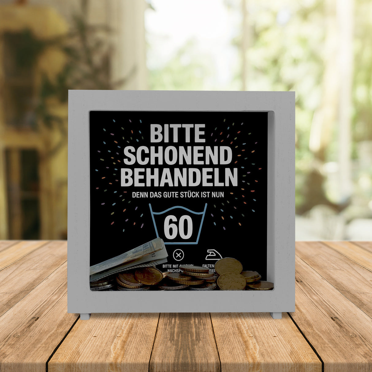 Wäschepflegeetikett Spardose bitte schonend behandeln wird 60
