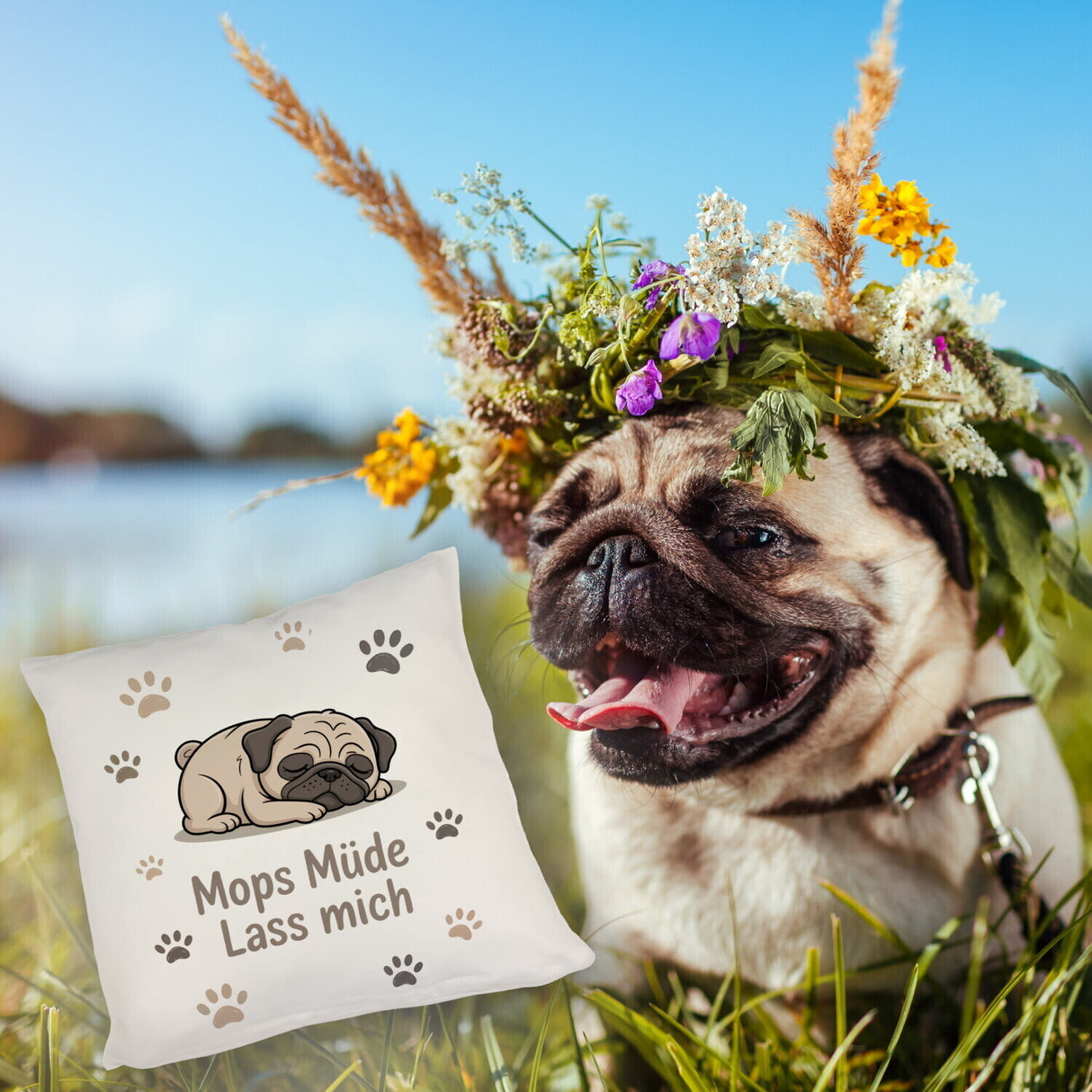 Cartoon Mops Kissen - Mops müde. Lass mich.