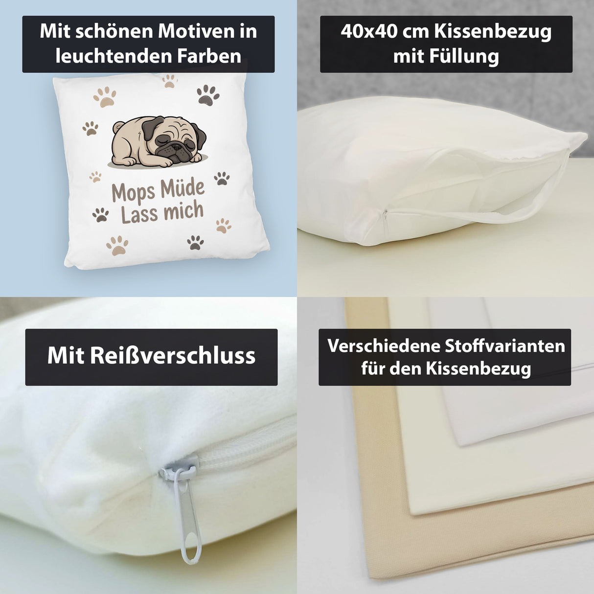 Cartoon Mops Kissen - Mops müde. Lass mich.