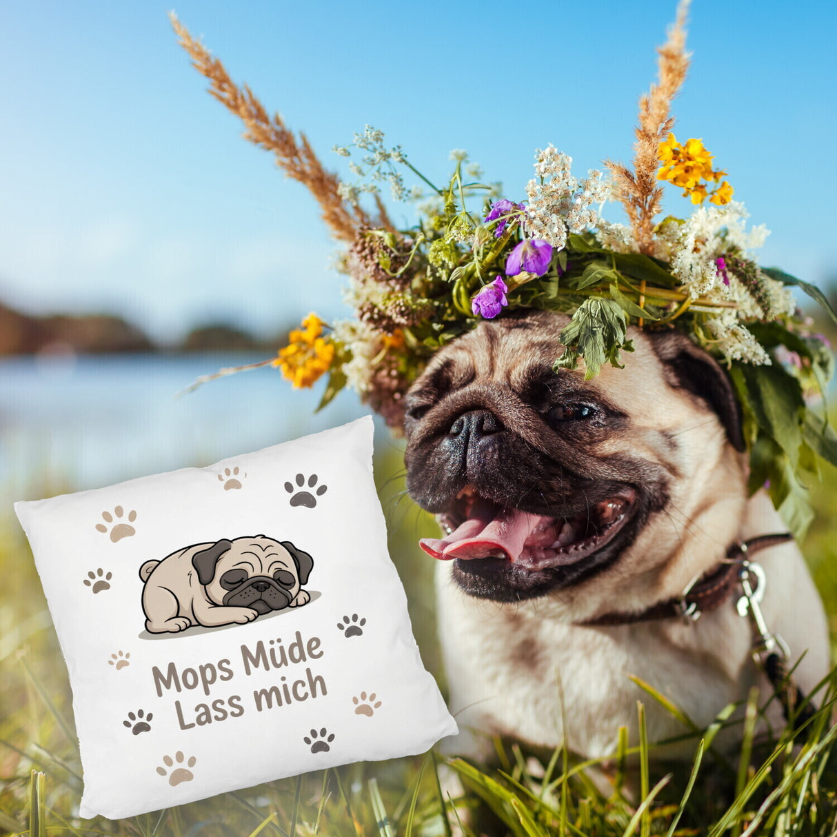 Cartoon Mops Kissen - Mops müde. Lass mich.