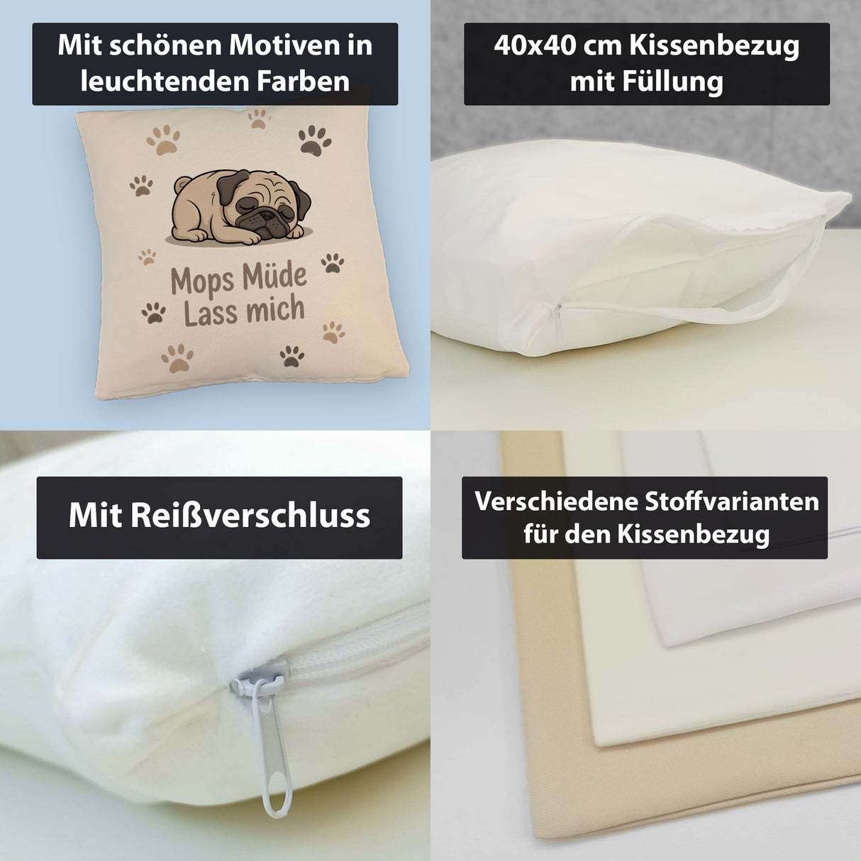 Cartoon Mops Kissen - Mops müde. Lass mich.