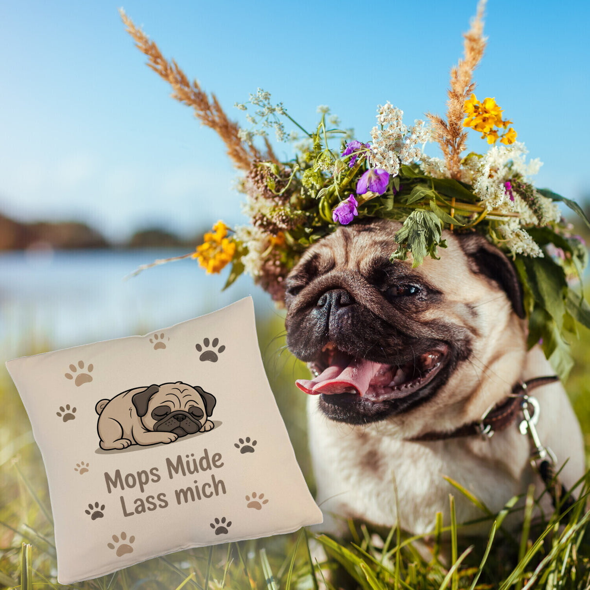 Cartoon Mops Kissen - Mops müde. Lass mich.
