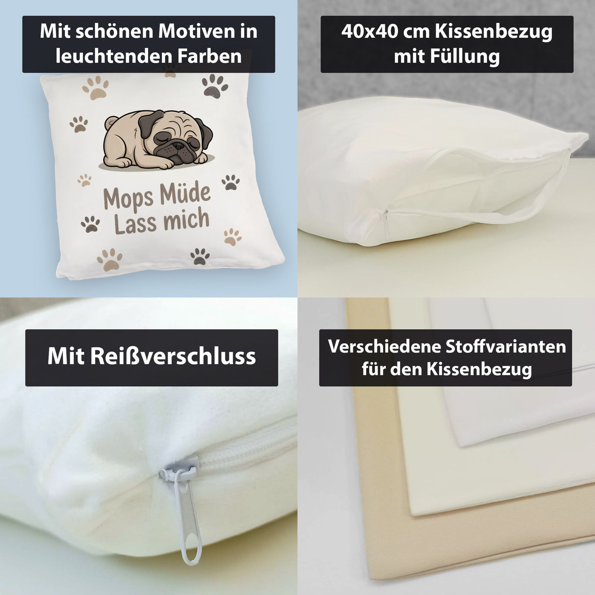 Cartoon Mops Kissen - Mops müde. Lass mich.