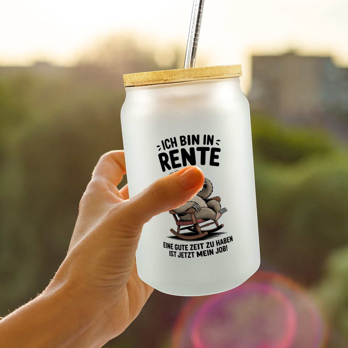 Faultier Ruhestand Trinkglas mit Bambusdeckel für Rentner