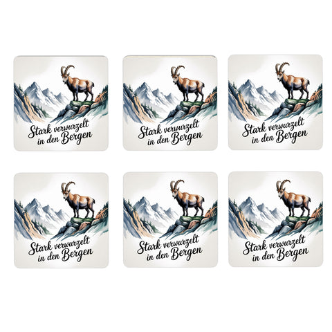 Allgäu Steinbock 6er Set Untersetzer aus Holz - Stark verwurzelt in den Bergen