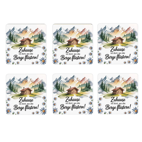 Allgäu Almhütte 6er Set Untersetzer aus Holz - Berge flüstern