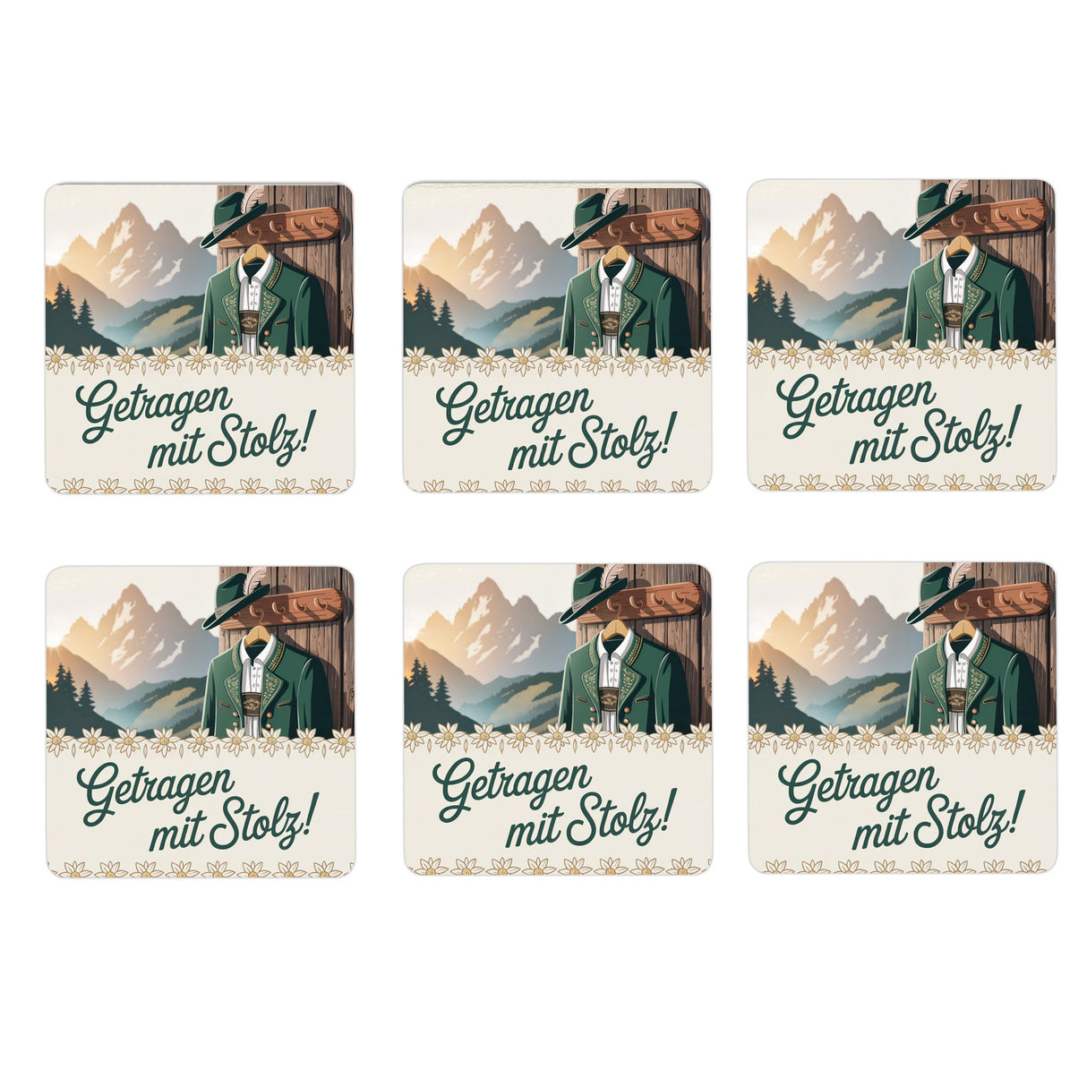 Allgäu Tracht 6er Set Untersetzer aus Holz - Getragen mit Stolz!