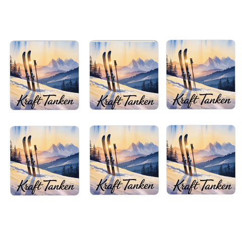 Allgäu Ski im Winter 6er Set Untersetzer aus Holz - Kraft tanken