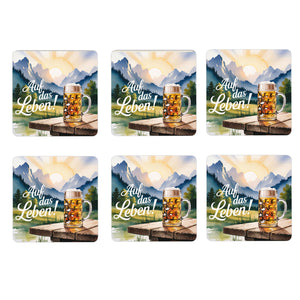 Allgäu Bierkrug 6er Set Untersetzer aus Holz - Auf das Leben!