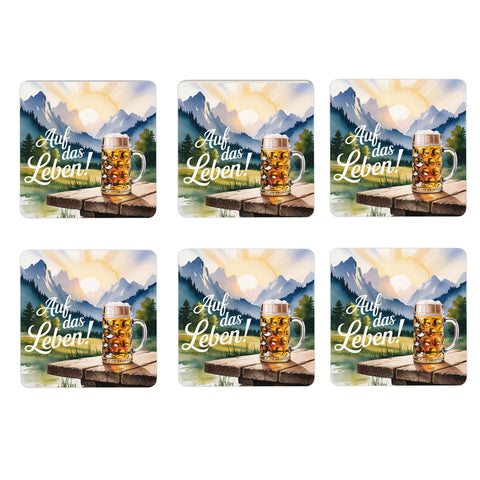 Allgäu Bierkrug 6er Set Untersetzer aus Holz - Auf das Leben!