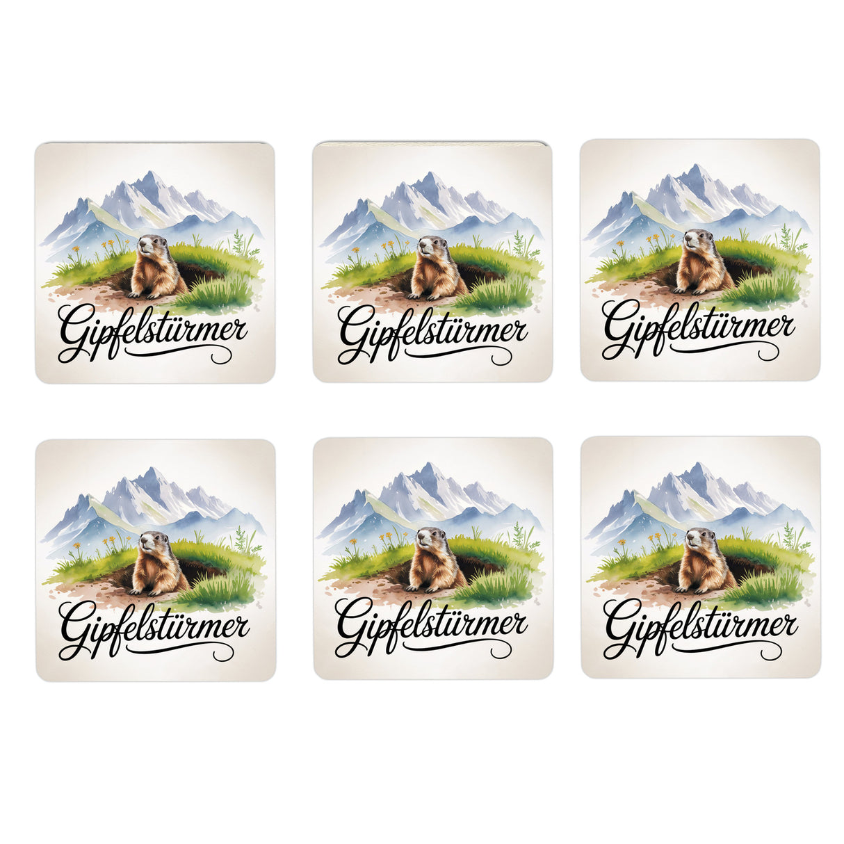 Allgäu Murmeltier 6er Set Untersetzer aus Holz - Gipfelstürmer