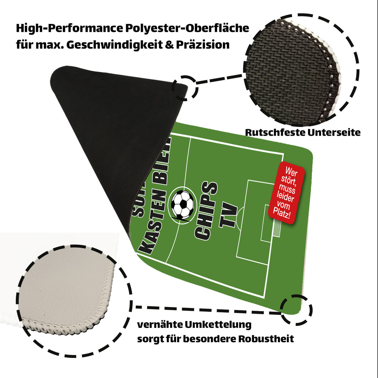 Fußballfeld - Sofa, Bier, Chips, TV - Störung verboten! Schreibtischunterlage 69x31cm XXL Mauspad