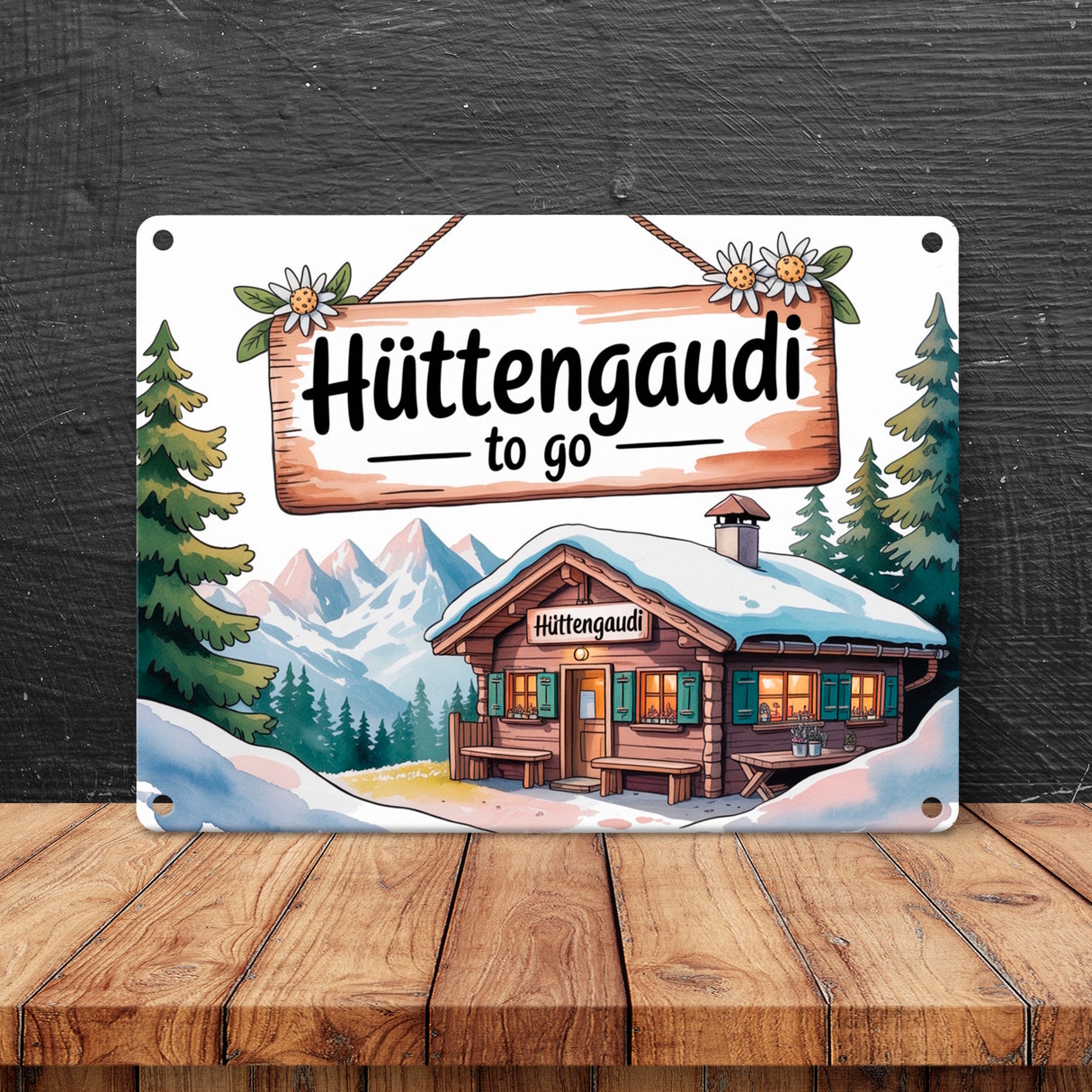 Almhütte Hüttengaudi to go Metallschild in 15x20 cm