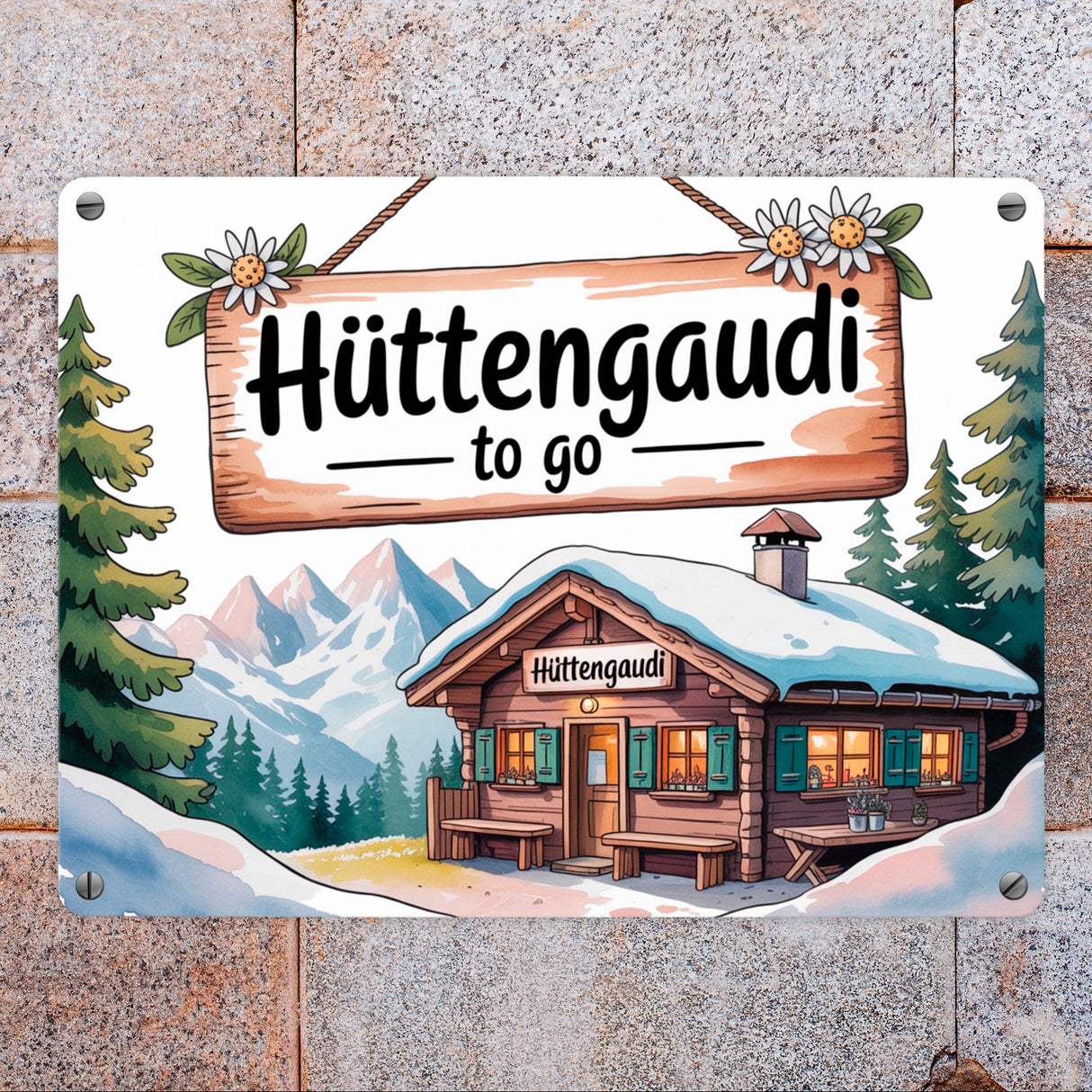 Almhütte Hüttengaudi to go Metallschild in 15x20 cm
