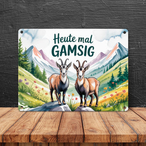 Gämsen - Heute mal GAMSIG Metallschild in 15x20 cm Aquarell