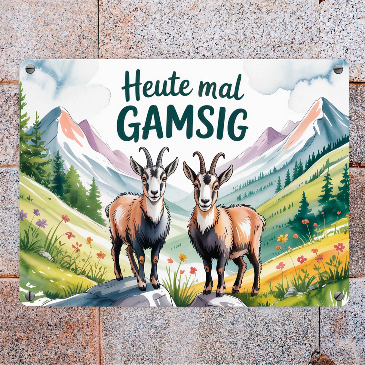Gämsen - Heute mal GAMSIG Metallschild in 15x20 cm Aquarell