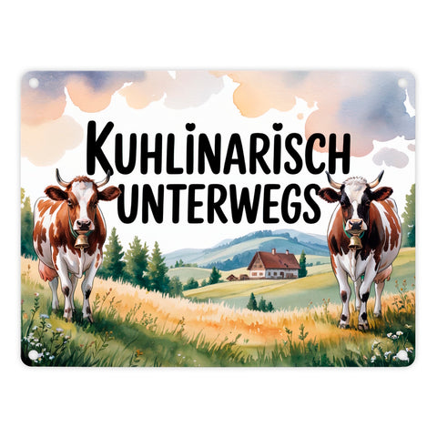 Kühe auf der Alm Kuhlinarisch Unterwegs Metallschild in 15x20 cm Aquarell