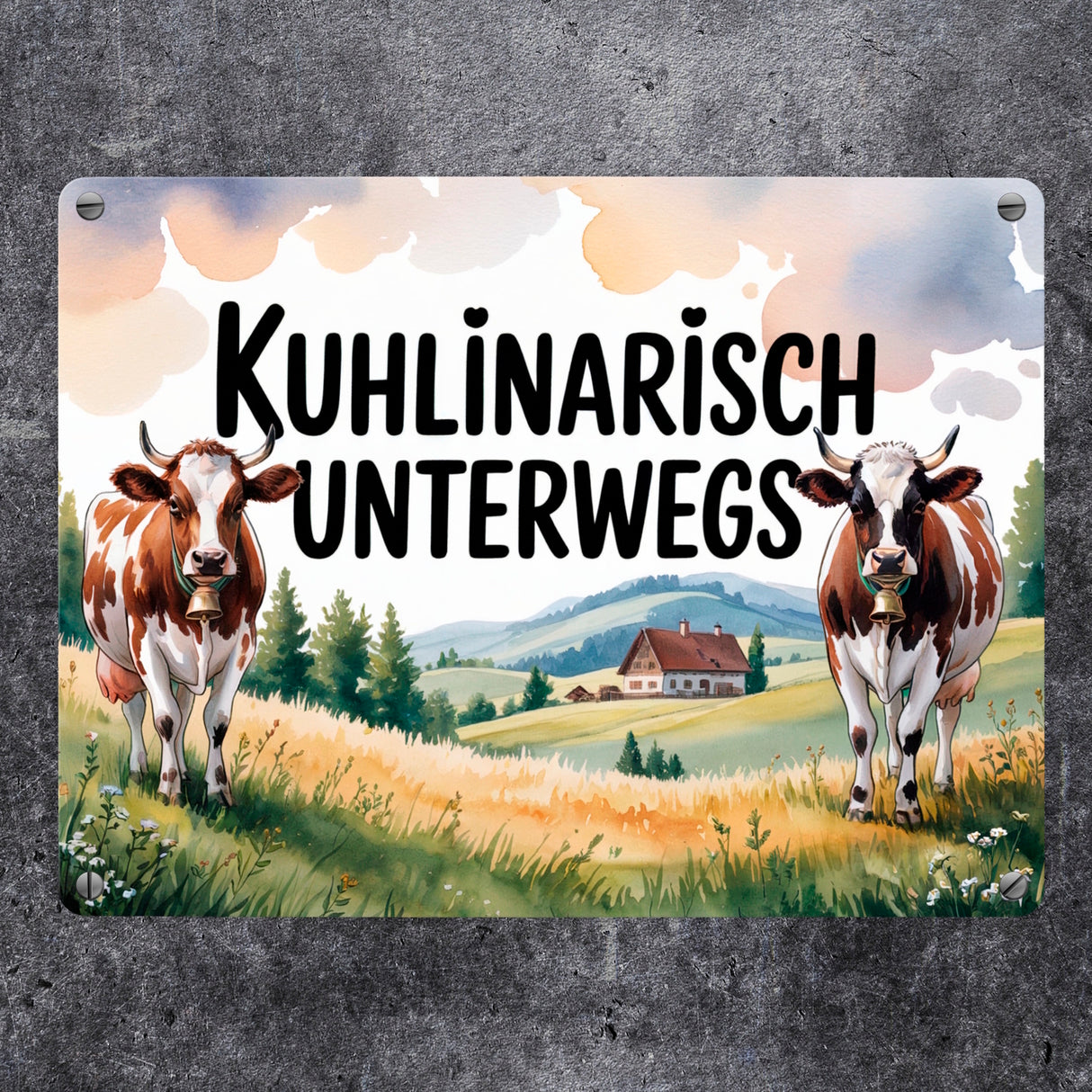 Kühe auf der Alm Kuhlinarisch Unterwegs Metallschild in 15x20 cm Aquarell