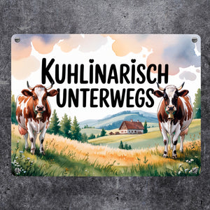 Kühe auf der Alm Kuhlinarisch Unterwegs Metallschild in 15x20 cm Aquarell