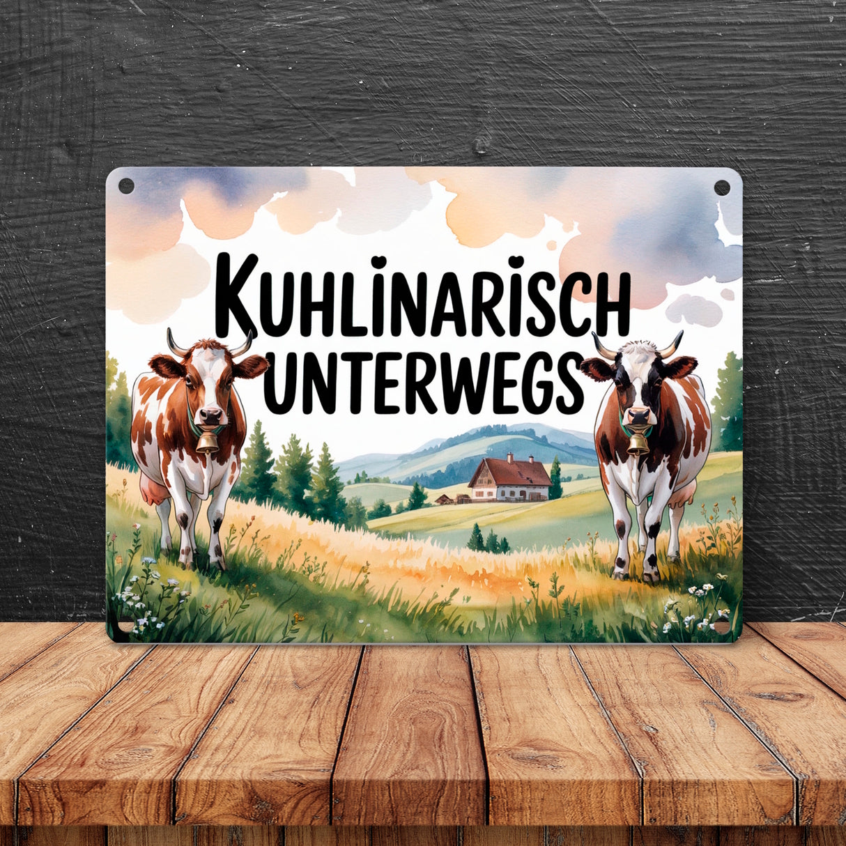 Kühe auf der Alm Kuhlinarisch Unterwegs Metallschild in 15x20 cm Aquarell